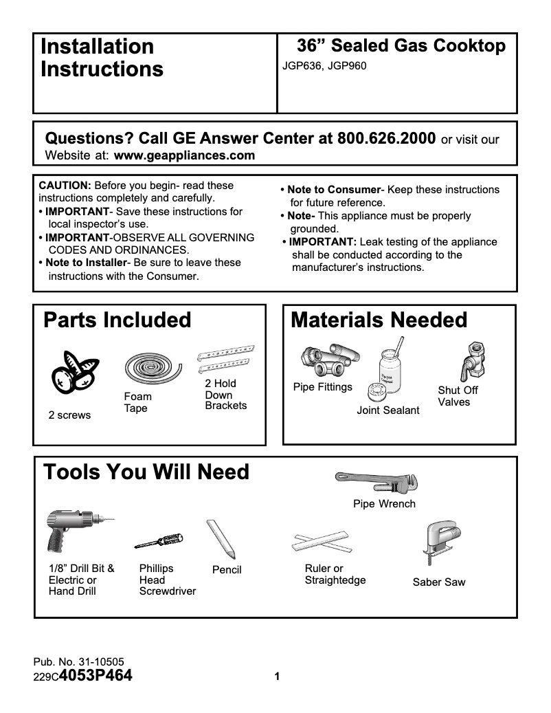 Page n°1 - Guide d'installation GE JGP636AEDAA