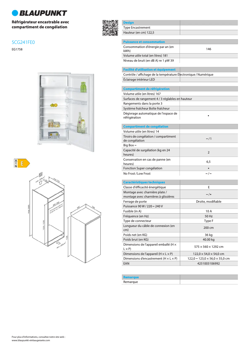 Página 1 del manual Ficha técnica Blaupunkt 5CG241FE0