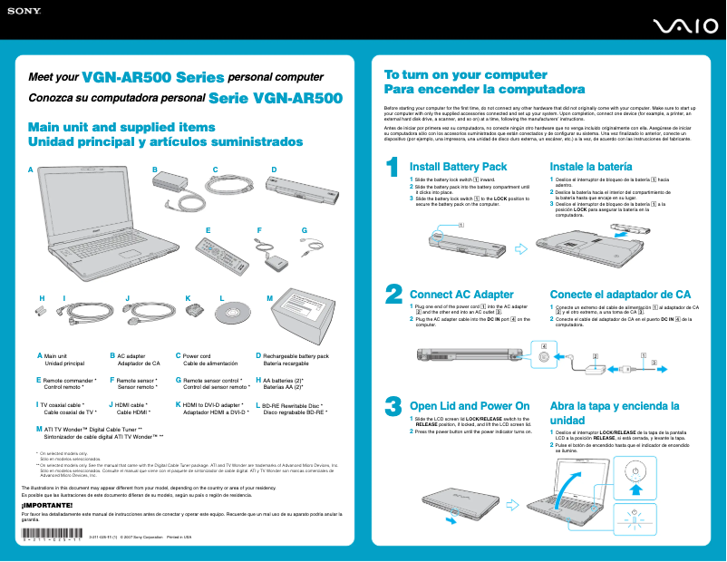 Image de la première page du manuel de l'appareil Vaio VGN-AR570U