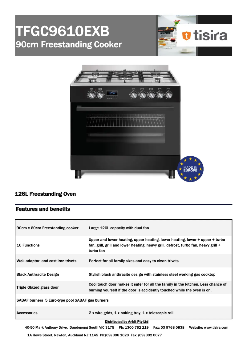 Page 1 de la notice Fiche technique Tisira TFGC9610EXB