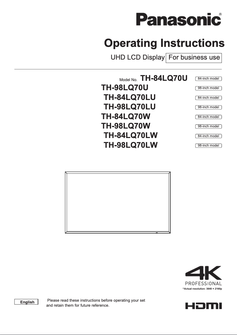 Page n°1 - Manuel utilisateur Panasonic TH-98LQ70L