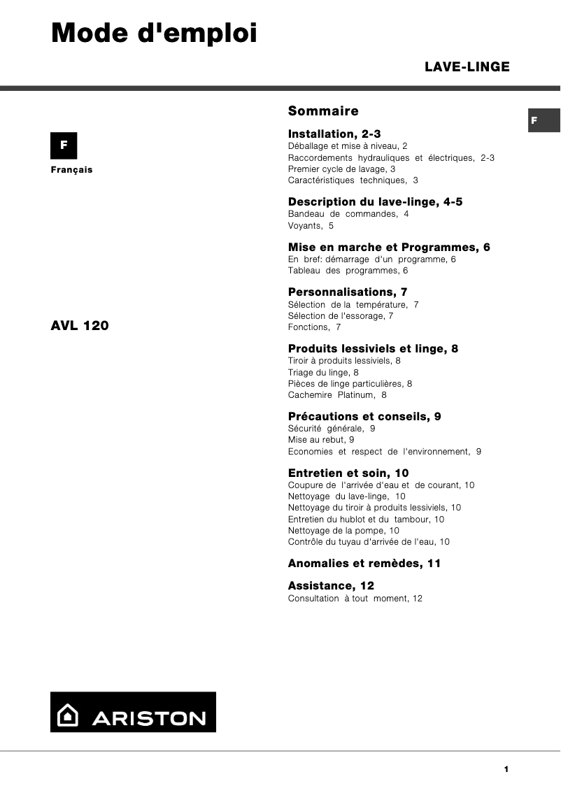 Page 1 de la notice Manuel utilisateur Ariston Thermo AVL 120