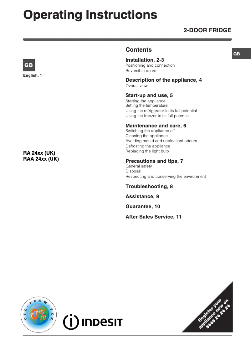 Page n°1 - Manuel utilisateur Indesit RAA 24 S (UK)