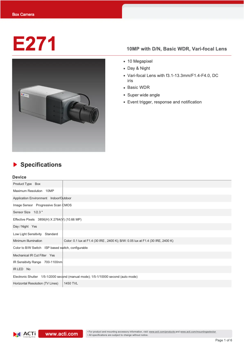 Page n°1 - Fiche technique ACTi E271