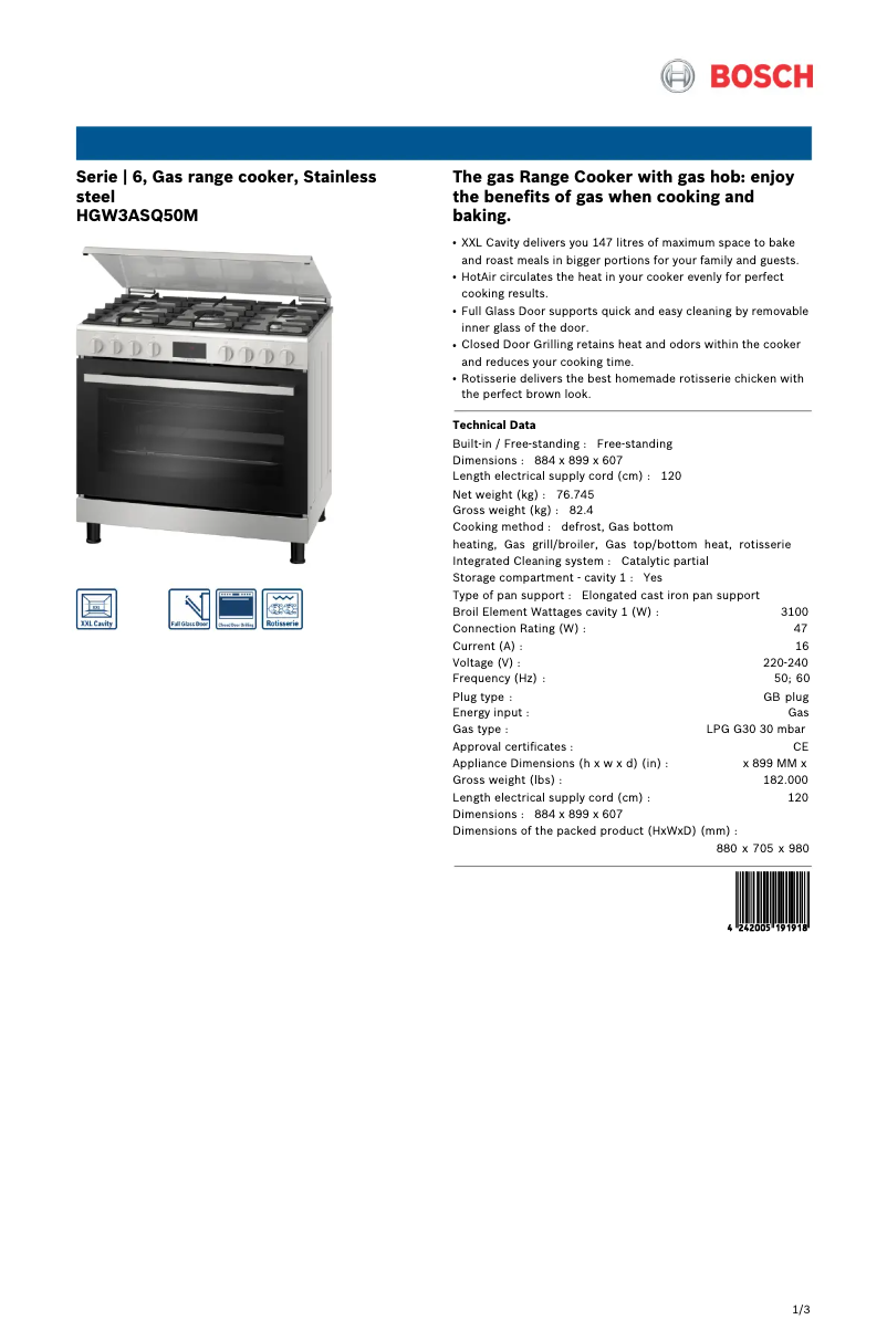 Page 1 de la notice Fiche technique Bosch HGW3ASQ50M