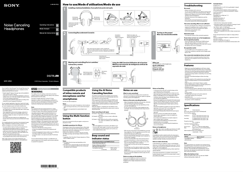 Image de la première page du manuel de l'appareil MDR-10RNC