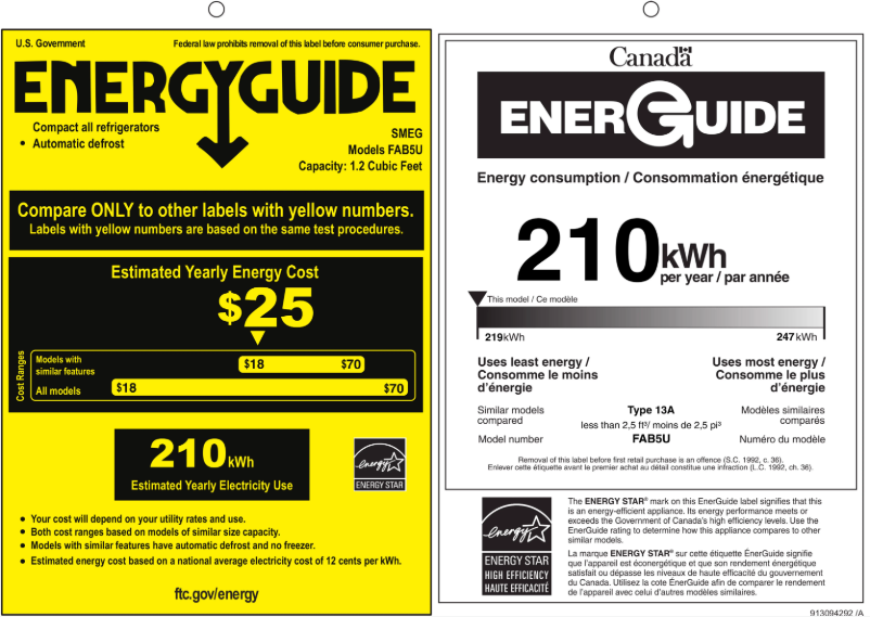 Page 1 de la notice Label énergétique Smeg FAB5ULRD3