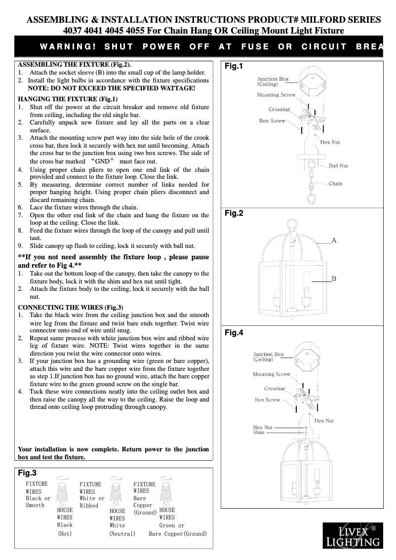 Page 1 de la notice Manuel utilisateur Livex Lighting Milford 4037-07