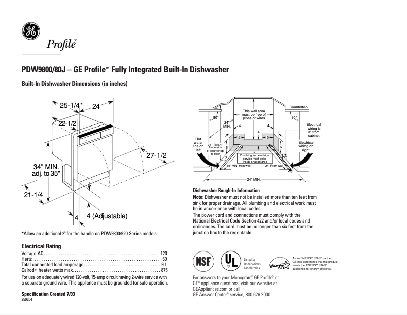Page 1 de la notice Fiche technique GE PDW9880JSS