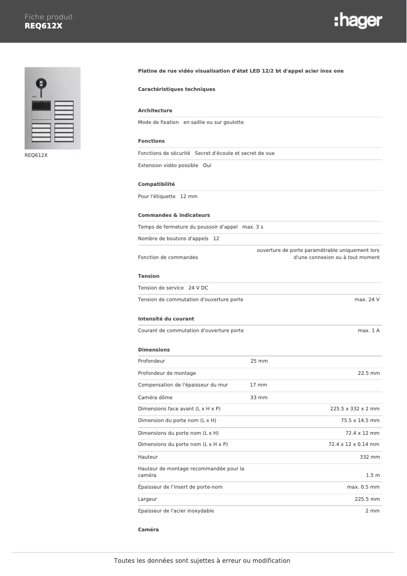 Page n°1 - Fiche technique Hager REQ612X