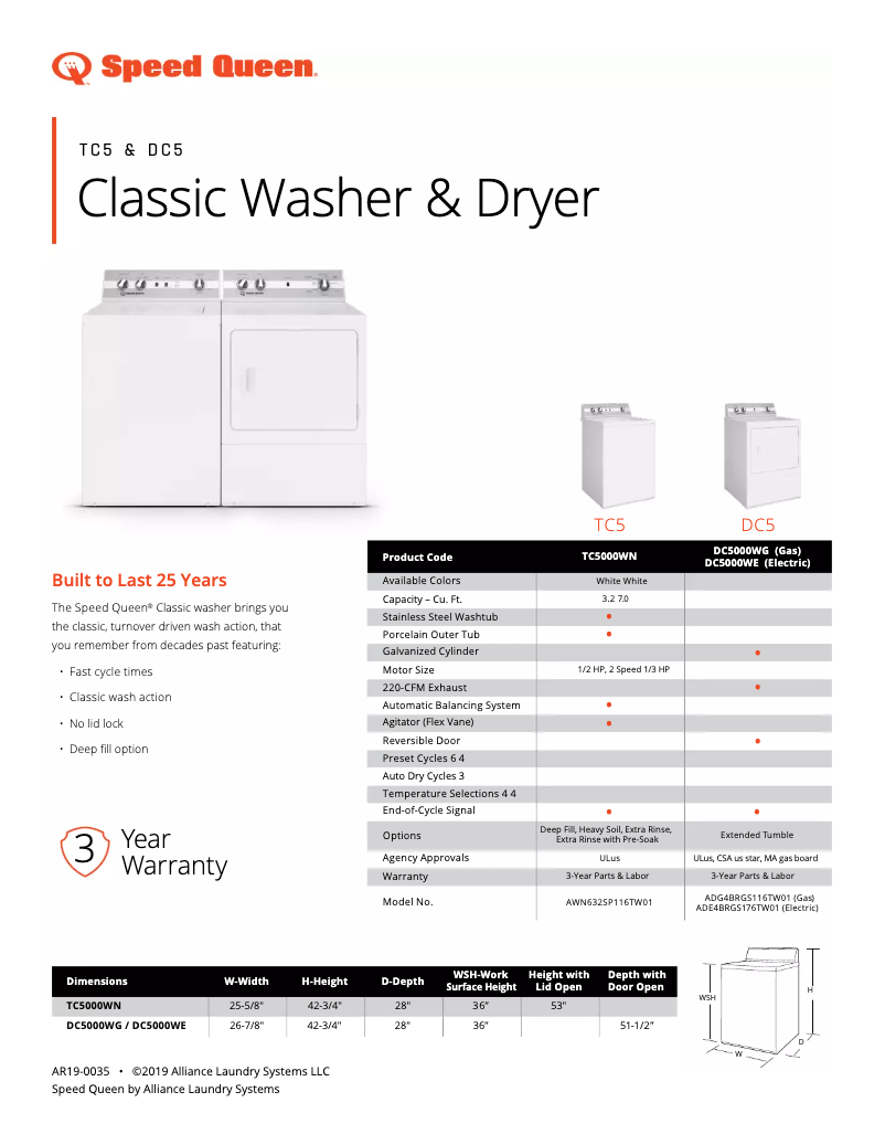 Page 1 de la notice Fiche technique Speed Queen ADE3SRGS175TW01