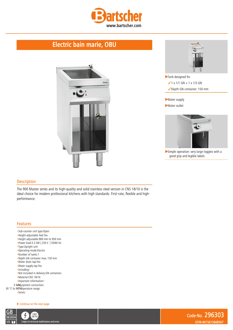 Page 1 de la notice Fiche technique Bartscher 296303