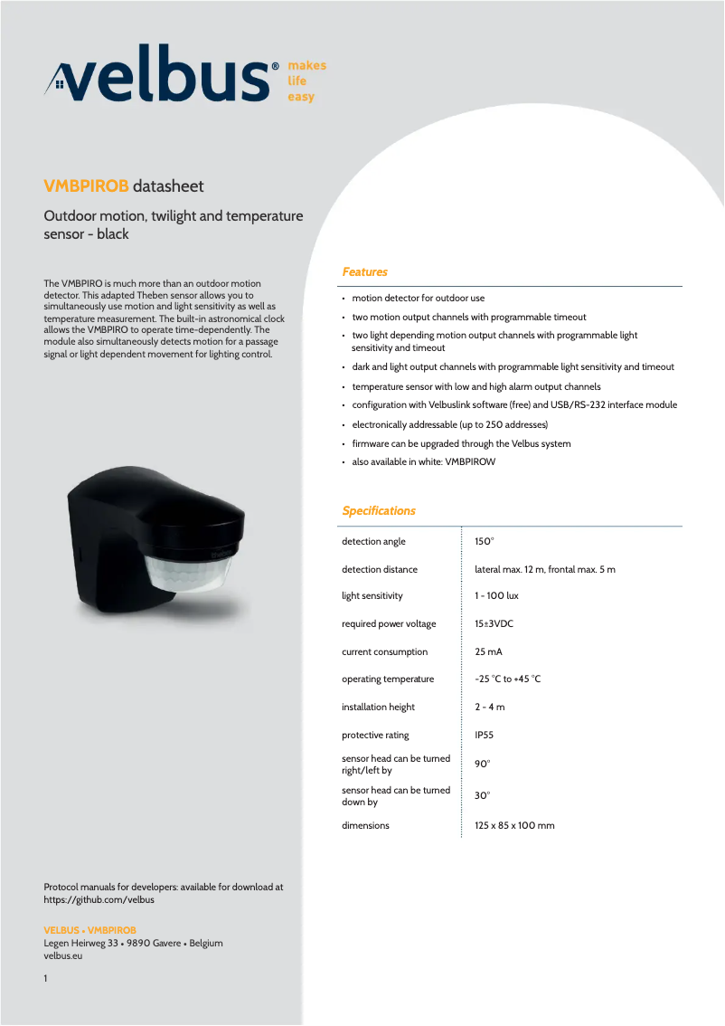 Page n°1 - Manuel utilisateur Velbus VMBPIRO-B-10