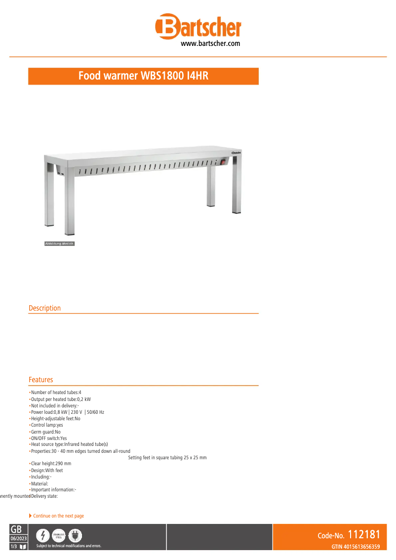 Page n°1 - Fiche technique Bartscher WBS1800 I4HR