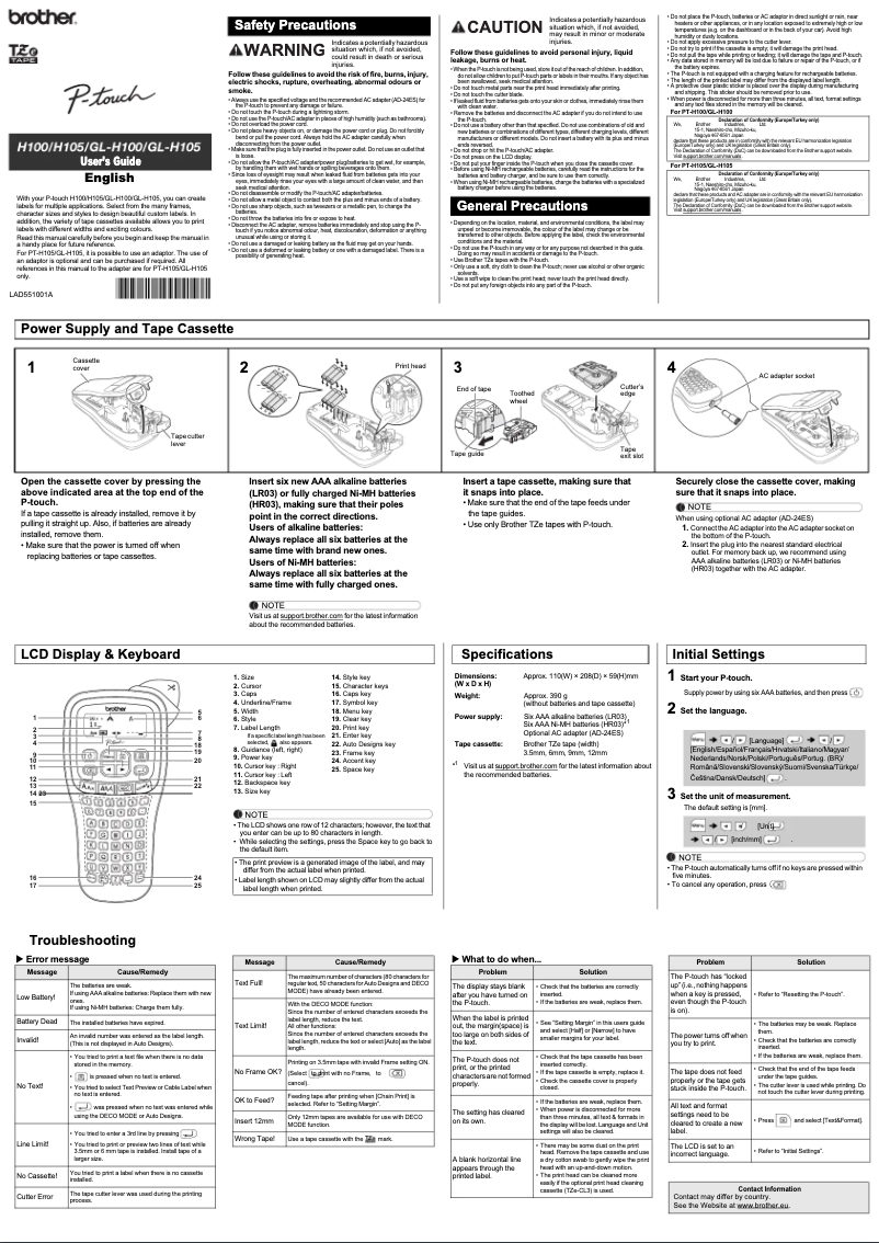 Page n°1 - Manuel utilisateur Brother P-Touch GL-H105