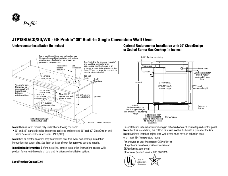 Página 1 del manual Ficha técnica GE Profile JTP18CDCC