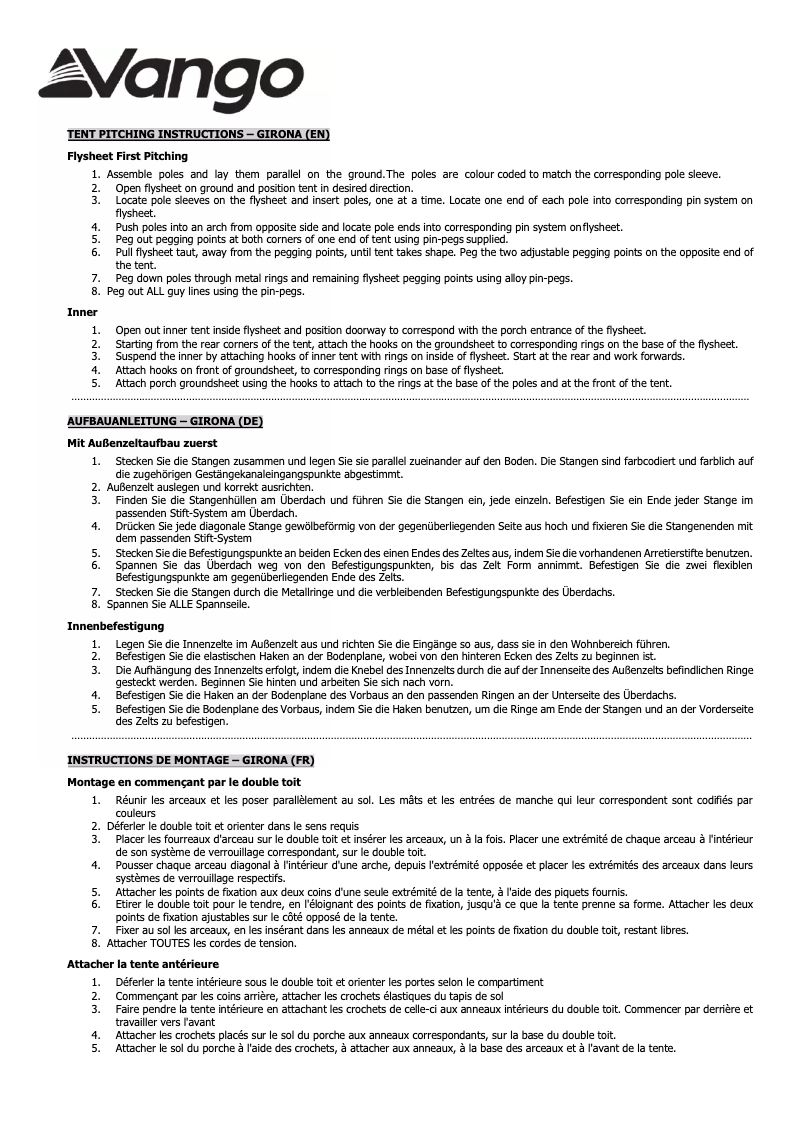 Page n°1 - Manuel utilisateur Vango Girona 400