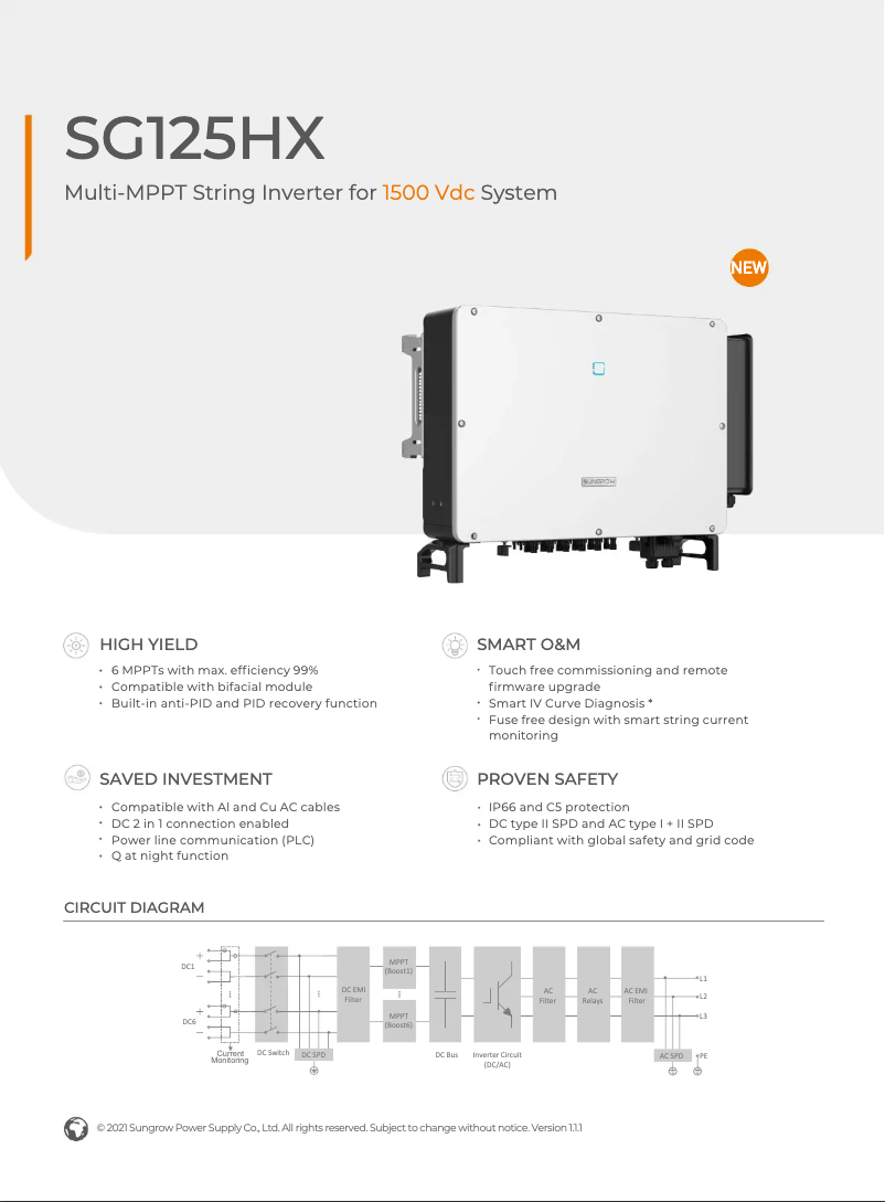 Page 1 de la notice Fiche technique Sungrow SG125HX