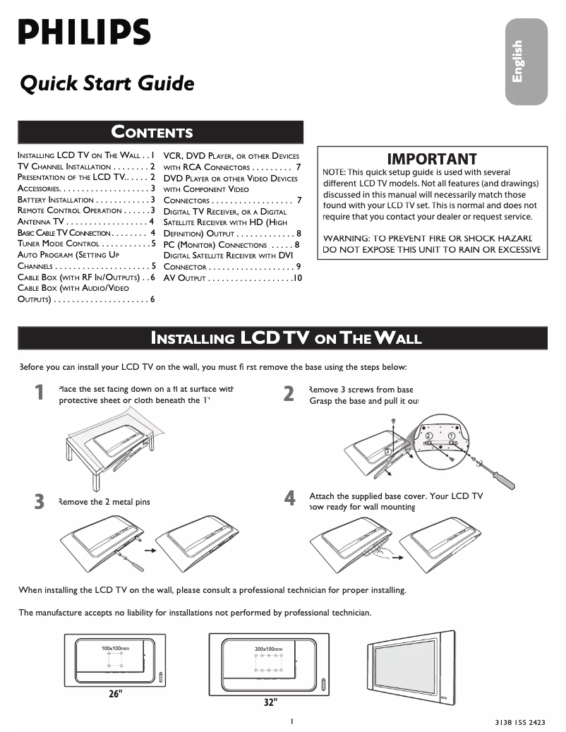 Page 1 de la notice Guide de démarrage rapide Philips 26TA1600