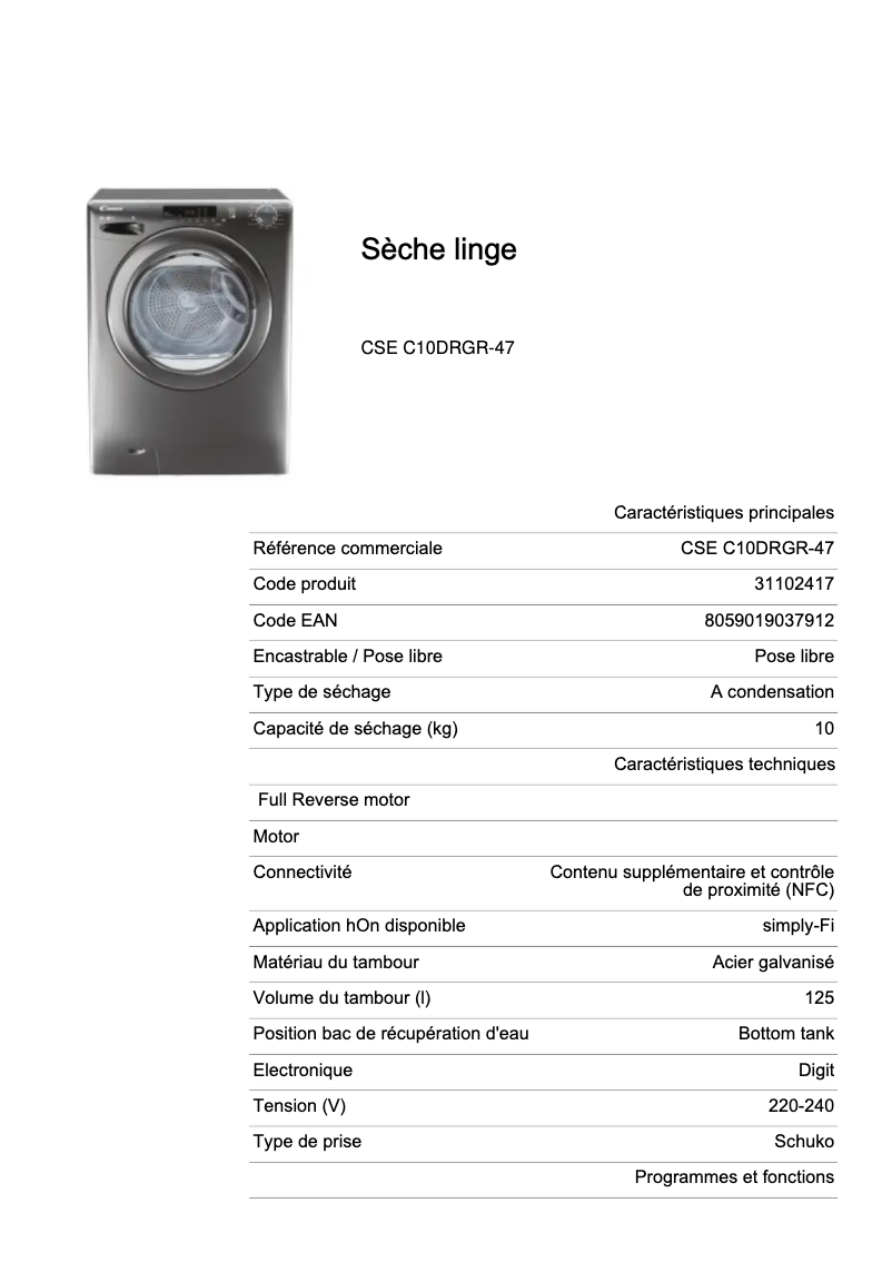 Page n°1 - Fiche technique Candy CSE C10DRGR-47