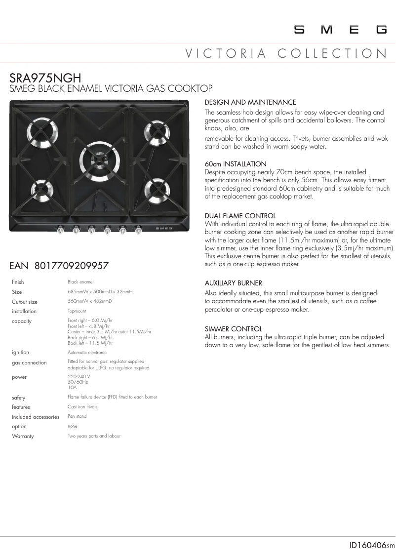 Page 1 de la notice Fiche technique Smeg SRA975NGH