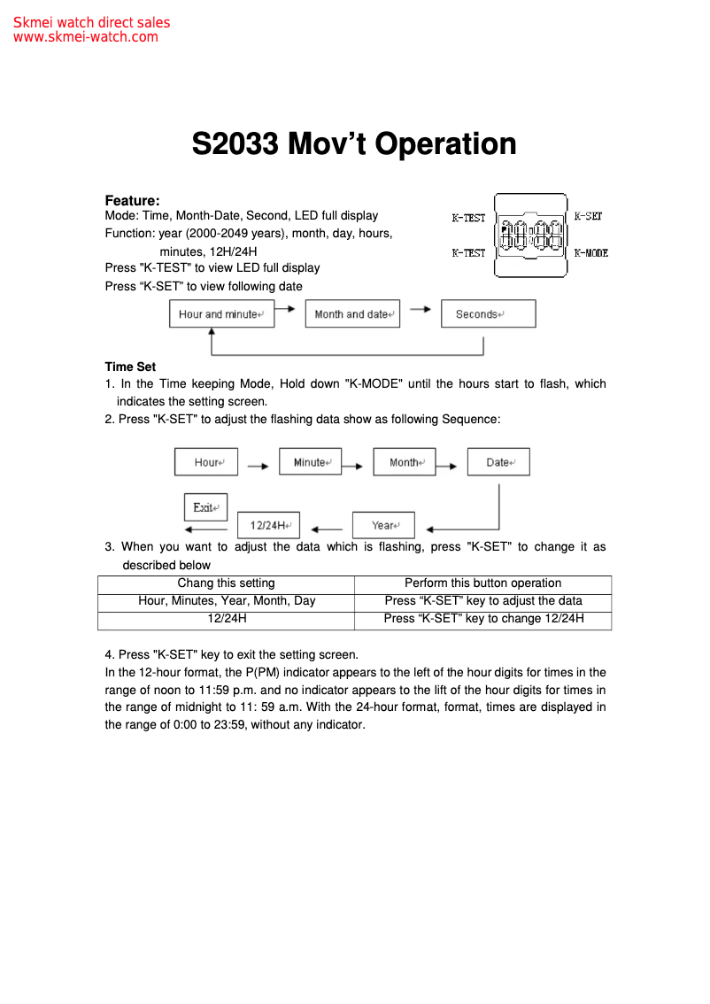 Page 1 de la notice Manuel utilisateur Skmei 0951