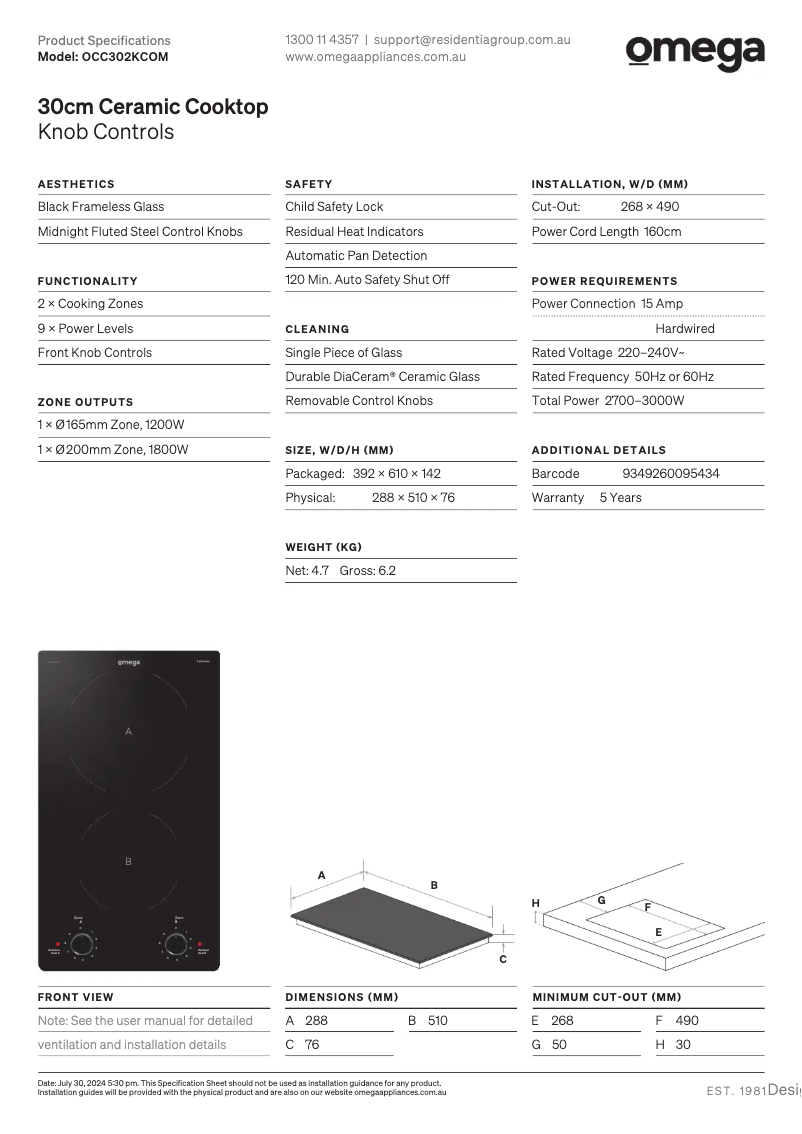 Page 1 de la notice Fiche technique Omega OCC302KCOM