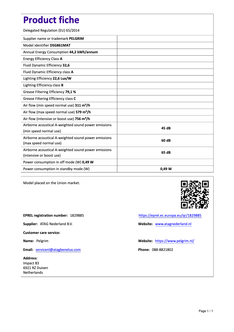 Page 1 de la notice Fiche technique Pelgrim DSG861MAT