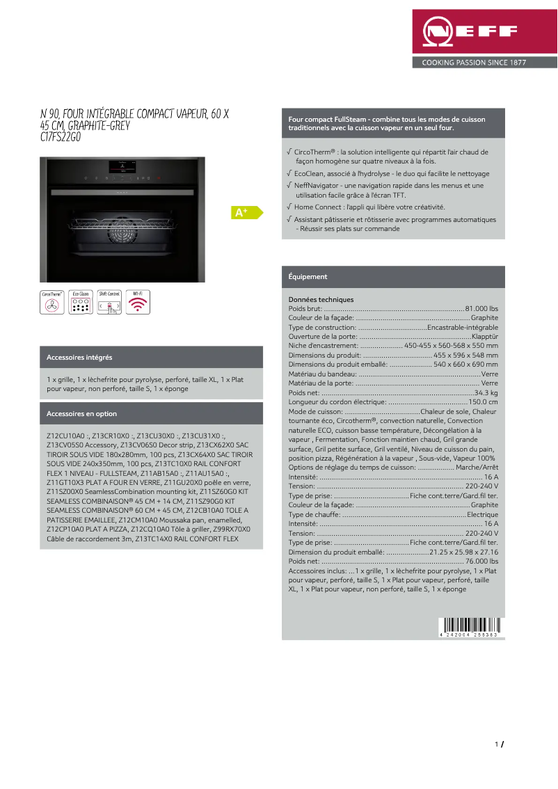Page 1 de la notice Fiche technique Neff C17FS22G0