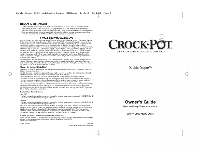 Page n°1 - Manuel utilisateur Crock-Pot Double Dipper SCDD-SS