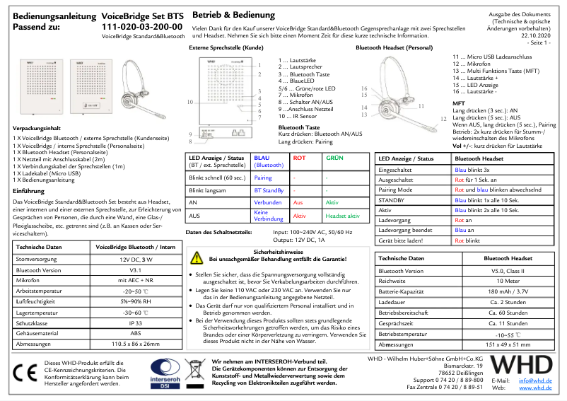 Página 1 del manual Manual de usuario WHD VoiceBridge Set BTS