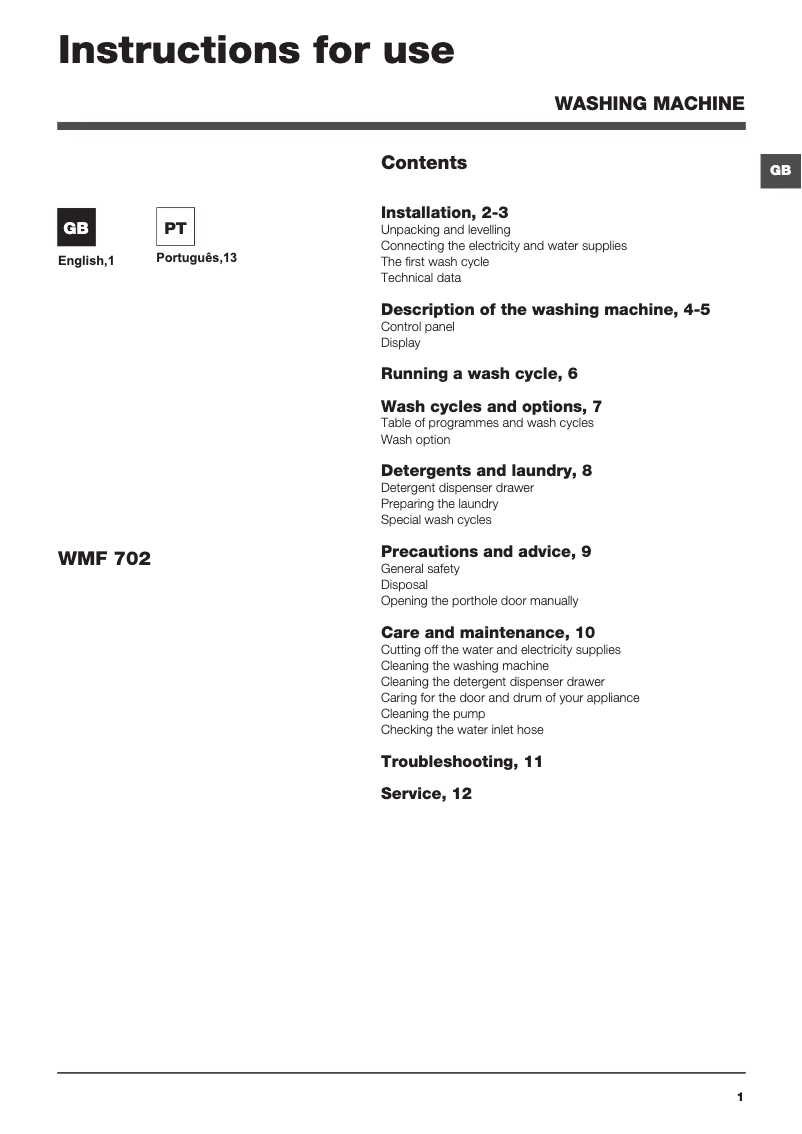 Page n°1 - Manuel utilisateur Hotpoint Ariston WMF 702 EU