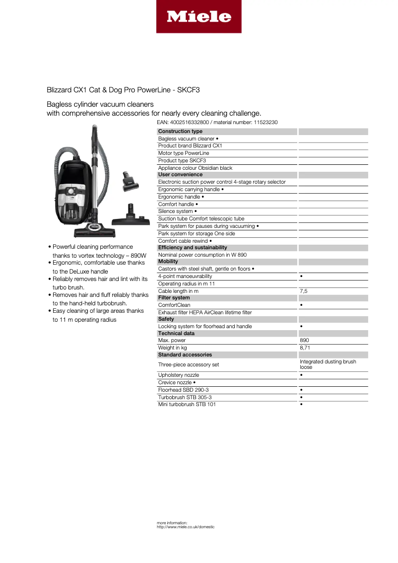Page 1 de la notice Fiche technique Miele Blizzard CX1 Cat & Dog Pro PowerLine