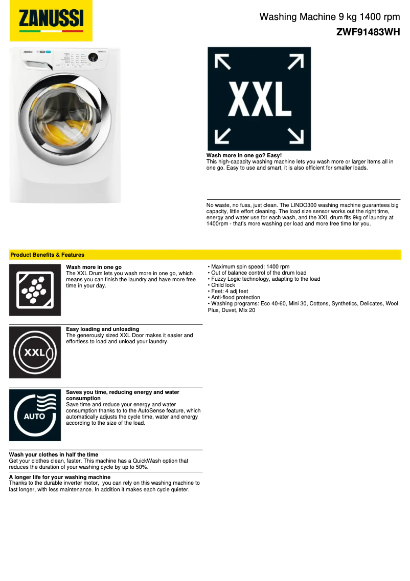 Page n°1 - Fiche technique Zanussi ZWF91483WH