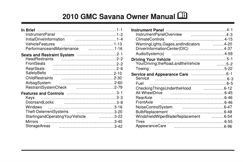Page 1 de la notice Manuel utilisateur GMC Savana (2010)