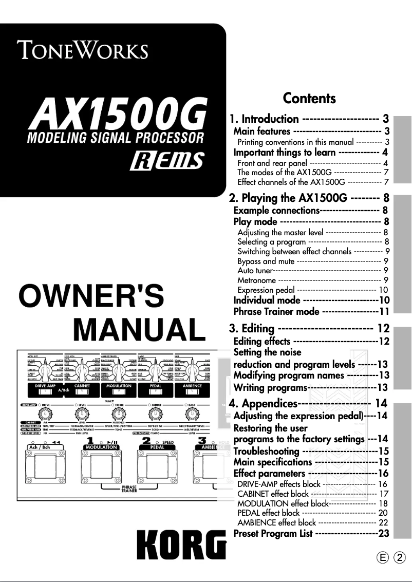 Page 1 de la notice Manuel utilisateur Korg AX1500G