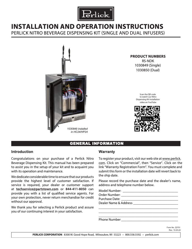 Page n°1 - Manuel utilisateur Perlick 1030850