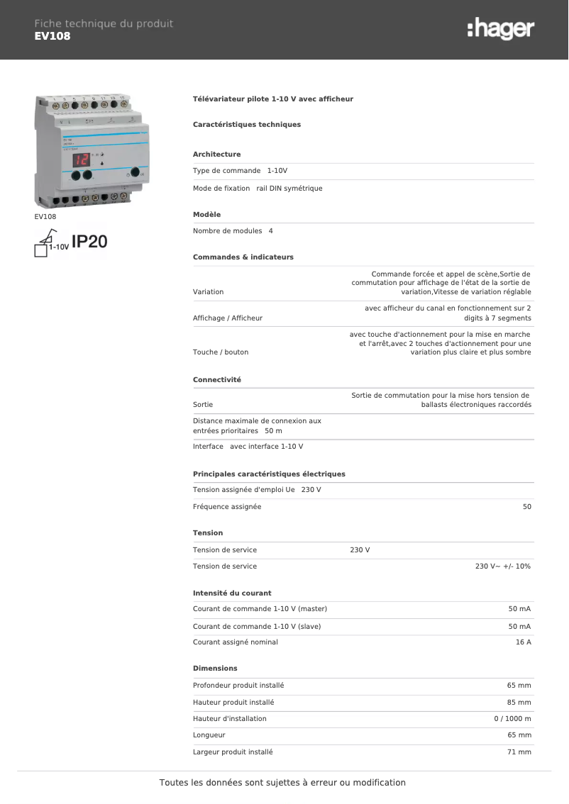 Page 1 de la notice Fiche technique Hager EV108