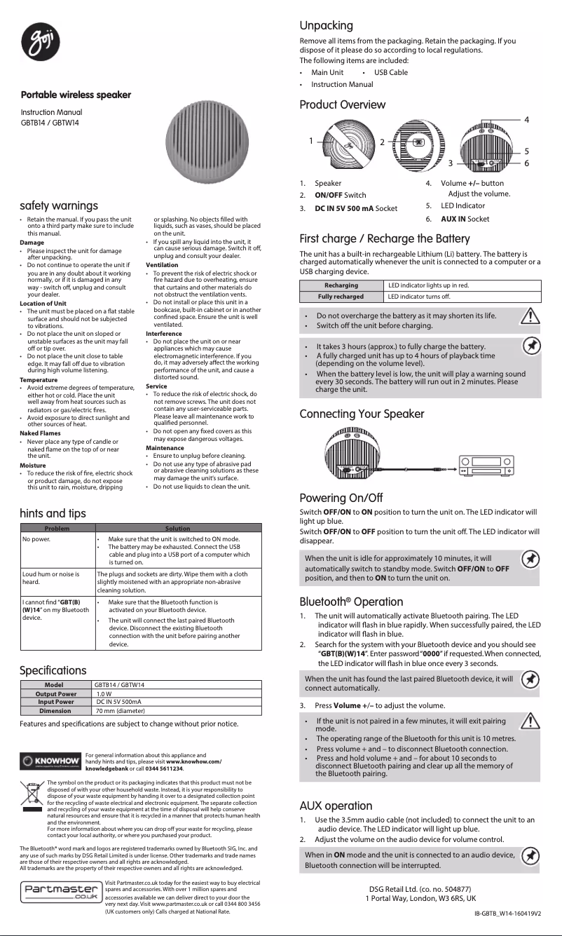 Page 1 of the manual User Manual Goji GBTW14