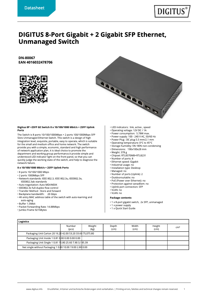 Page n°1 - Fiche technique Digitus DN-80067