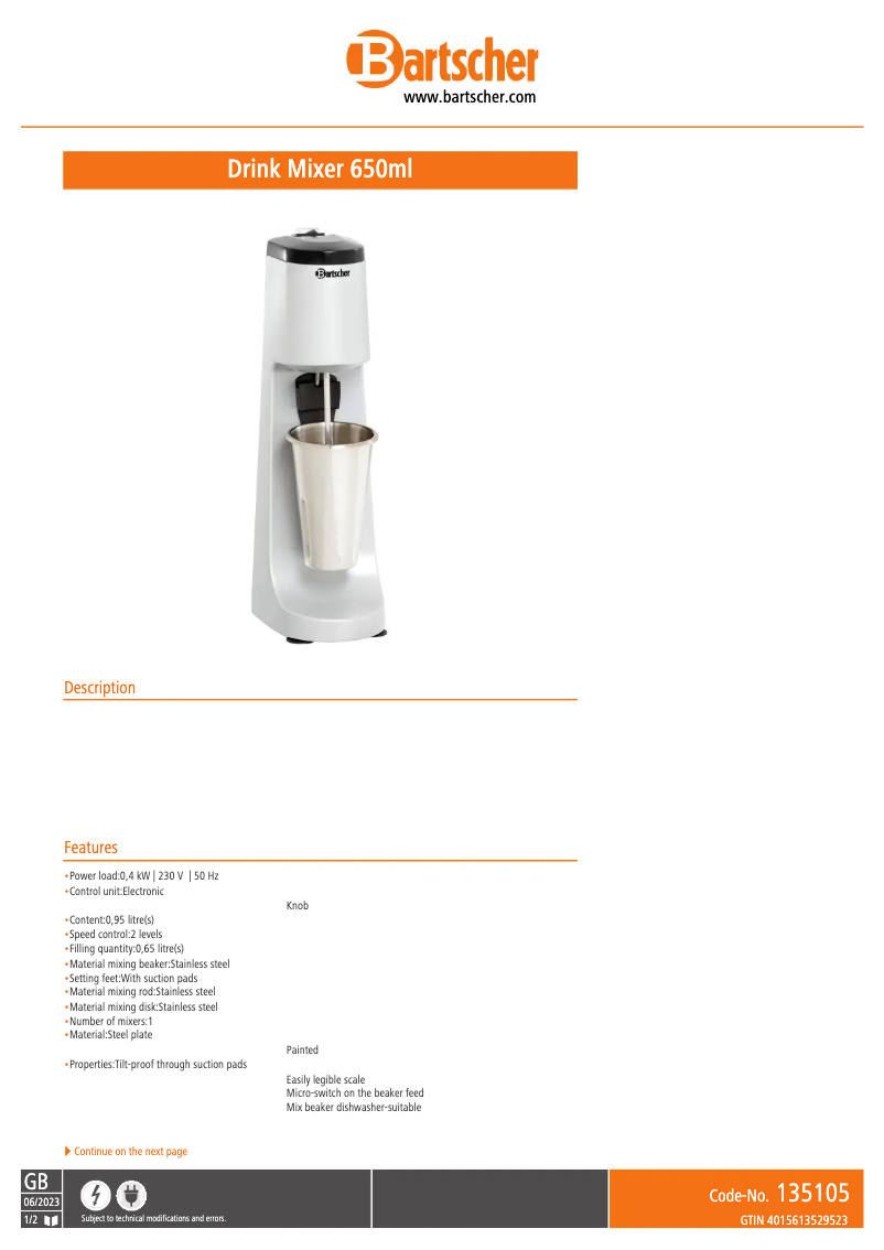 Page n°1 - Fiche technique Bartscher 135105