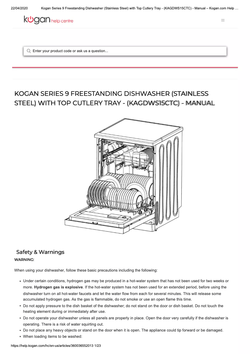 Page 1 de la notice Manuel utilisateur Kogan KAGDWS15CTC