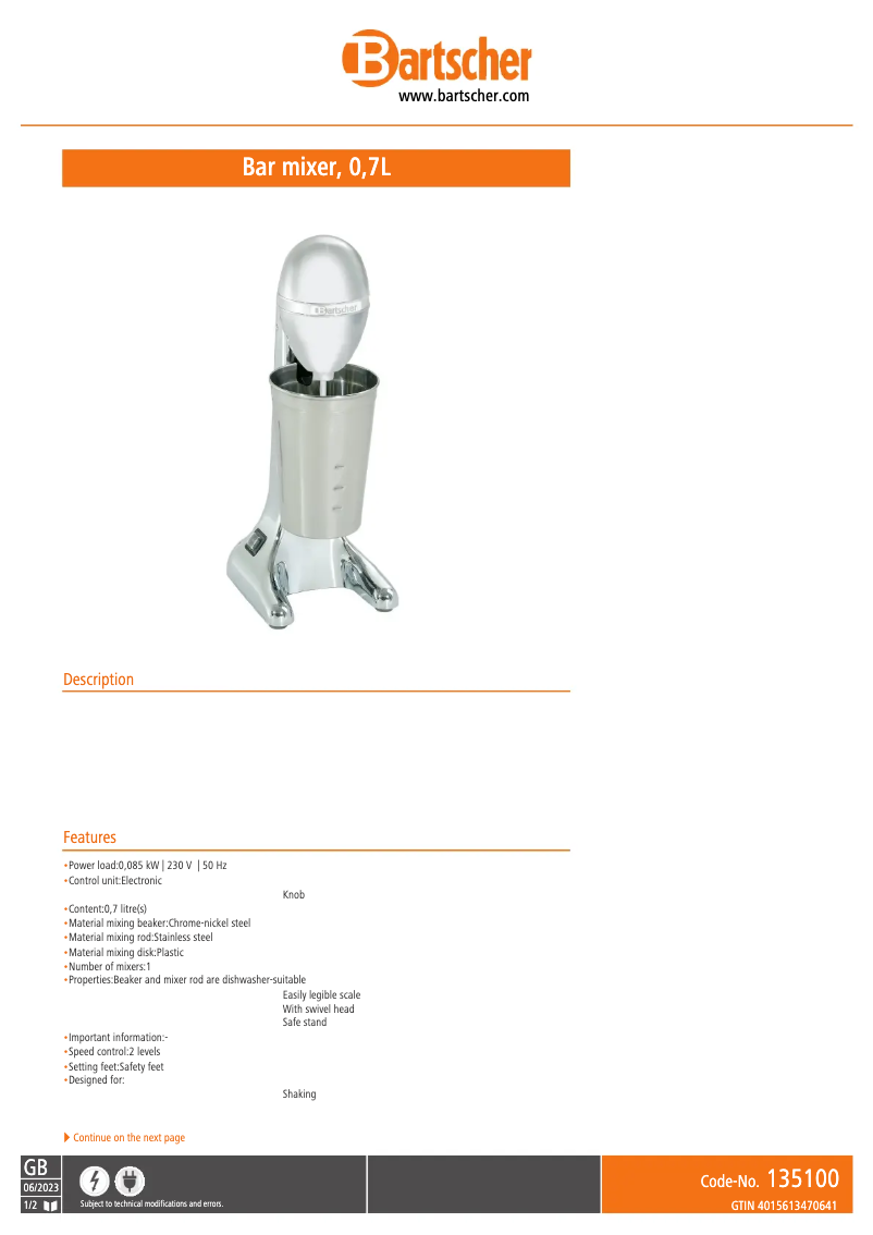 Page n°1 - Fiche technique Bartscher 135100
