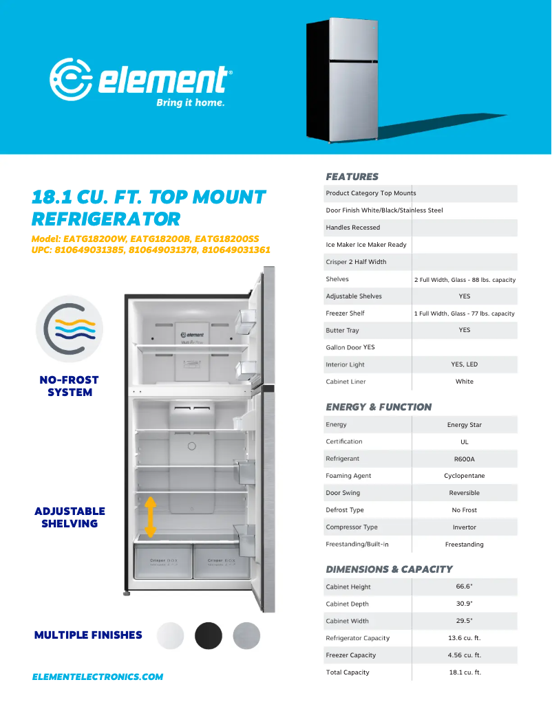 Page 1 de la notice Fiche technique Element EATG18200B