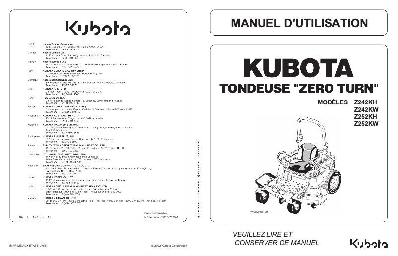 Page 1 de la notice Manuel utilisateur Kubota Z232KW