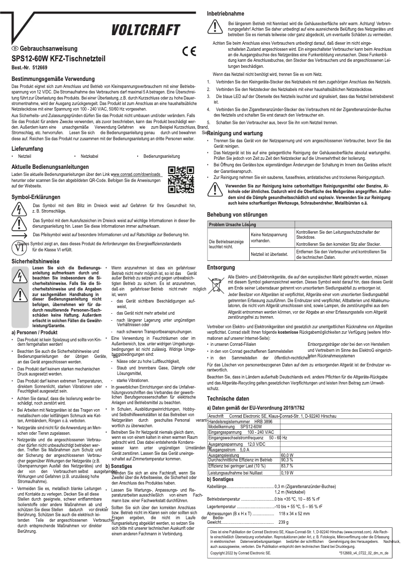 Page n°1 - Manuel utilisateur Voltcraft SPS12-60W KFZ