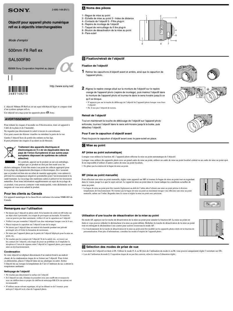 Page 1 de la notice Manuel utilisateur Sony SAL500F80