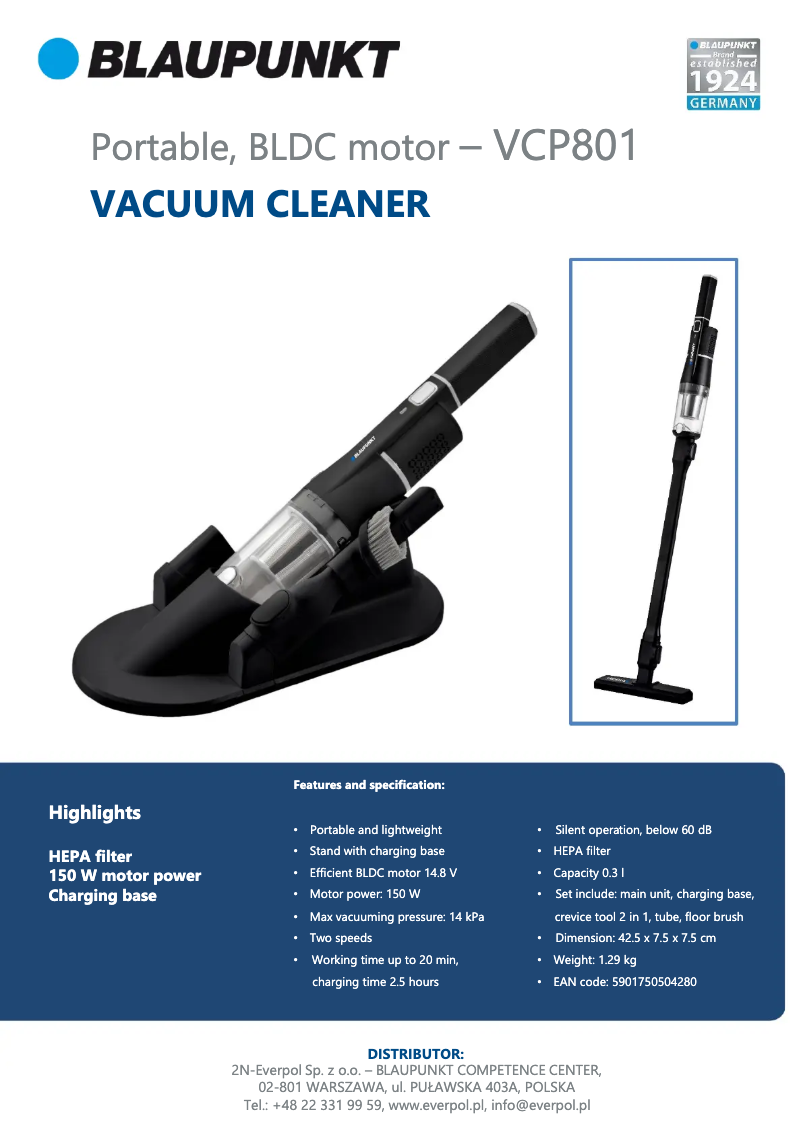 Página 1 del manual Ficha técnica Blaupunkt VCP801