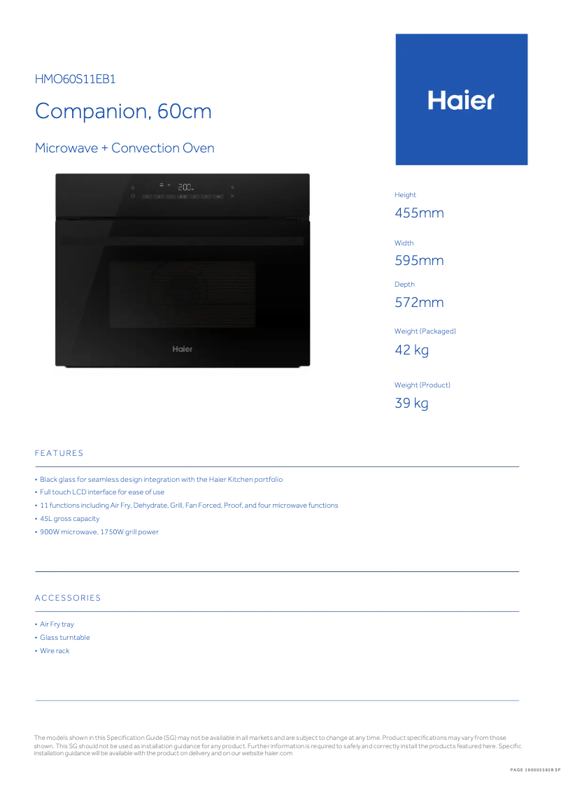 Page 1 de la notice Fiche technique Haier HMO60S11EB1