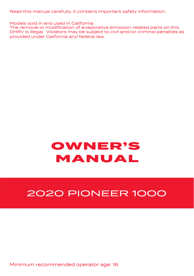 Page 1 de la notice Manuel utilisateur Honda Pioneer 1000 (2020)